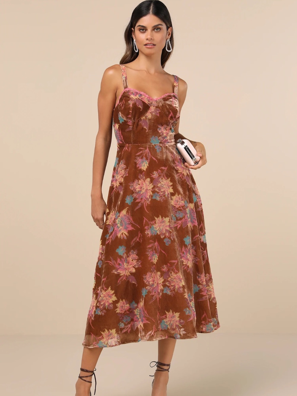 Lulu's Brown Floral Slip Maxi Dress with Pink & Teal Accents
